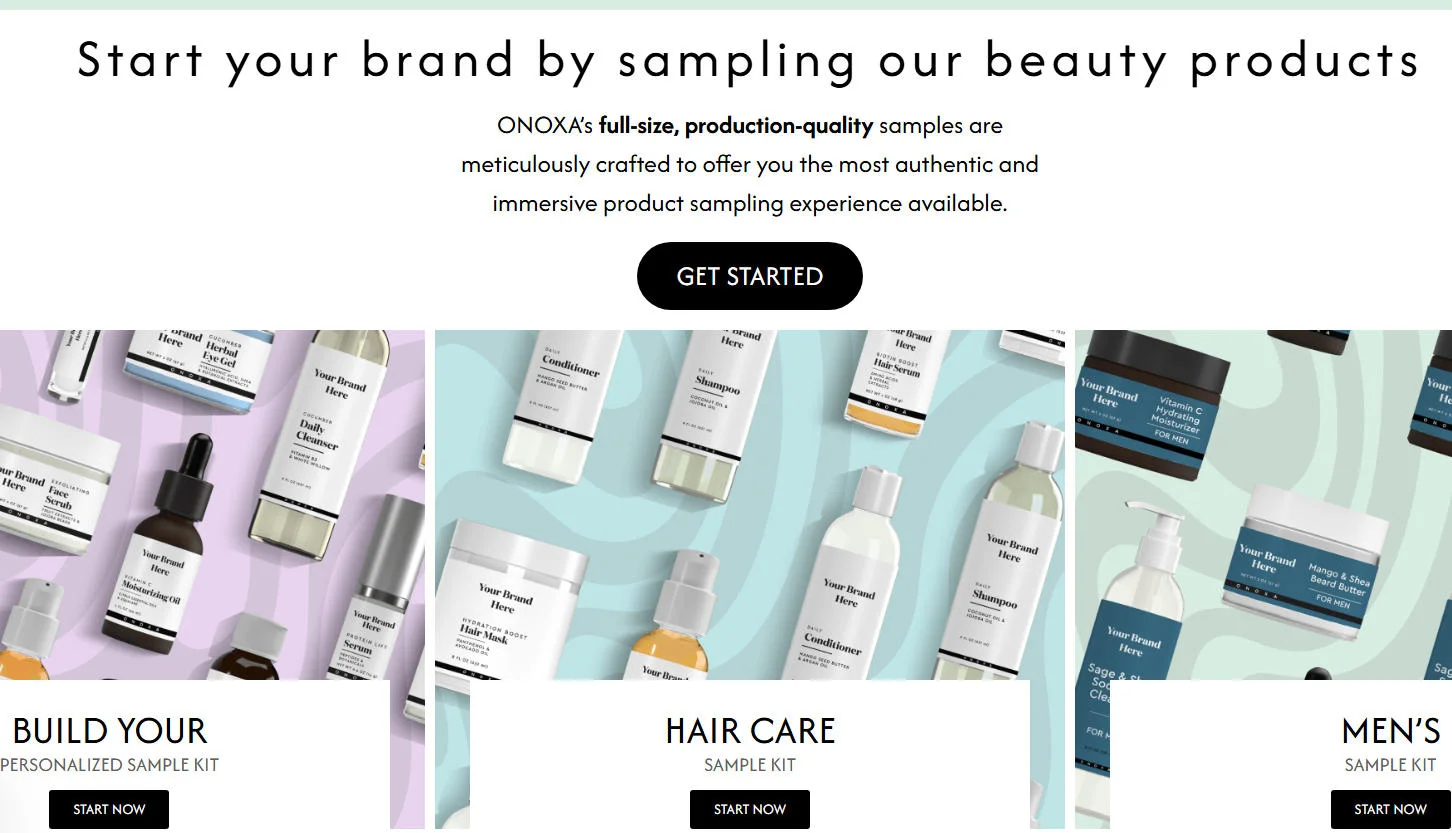 Advertisement showcasing beauty product sample kits with options for personalization, hair care, and men's grooming products.